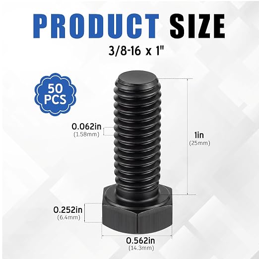 Zonon 50 Pcs 3/8-16 x 1 Hex Head Screw Bolt 18-8 (304) Stainless Steel Hexagon Bolts, Fully Threaded, Plain Finish, External Hex Drive (Black)