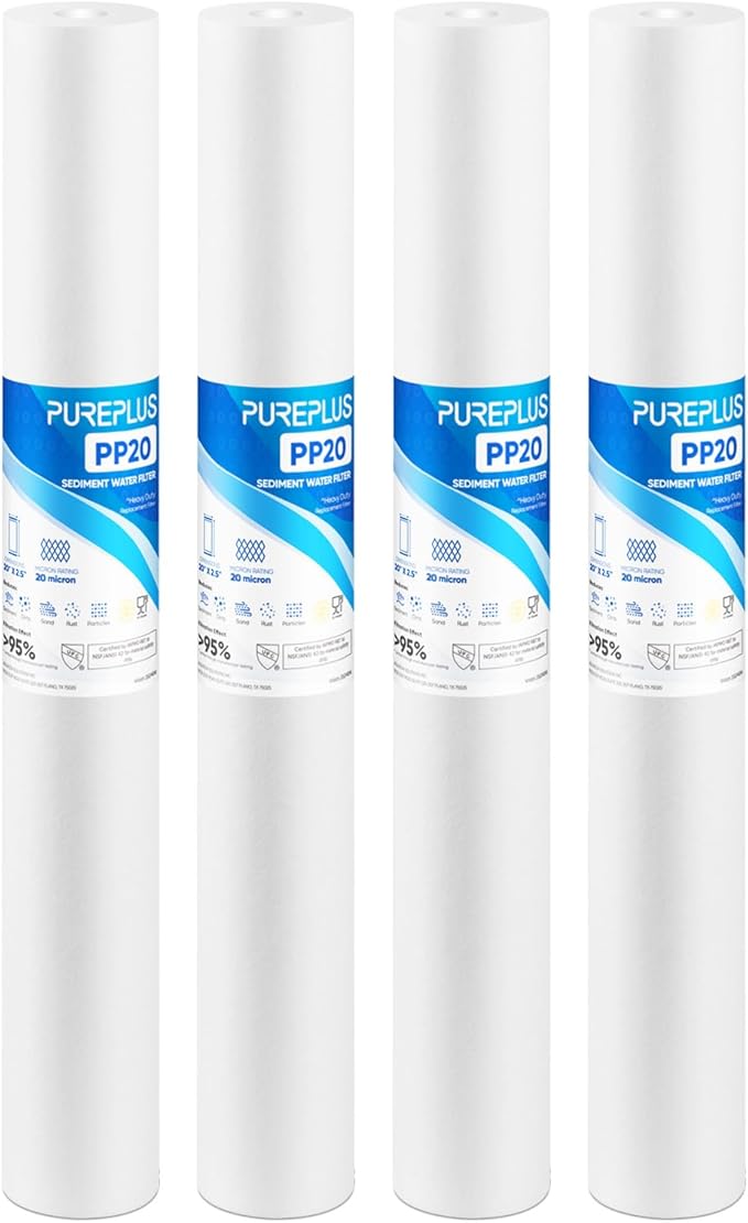 PUREPLUS 20 Micron 20" x 2.5" Whole House Sediment Home Water Filter, 20-inch Sediment Pre-Filtration, Replacement Cartridge Aqua Pure AP110-2C, Pentek P1-20/SP-P1-20/PX01-20, 4PACK