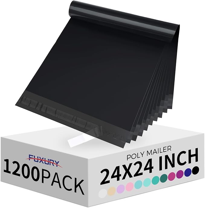 Fuxury 1200 Pcs 24x24" Poly Mailers,Waterproof Mailing Envelopes for Clothing, Strong Adhesive Poly Shipping Postage Bags for Small Business(Black)