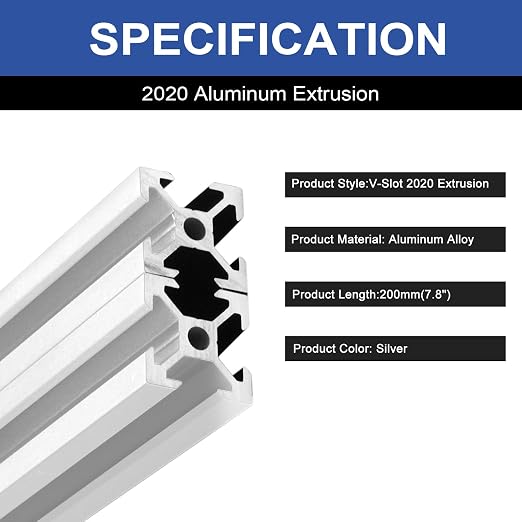 4Pack 2020 Aluminum Extrusion V-Slot 200mm Silver Extruded Aluminum Profile 20x20 V-Slotted Framing European Standard Anodized Linear Rail for 3D Printer Accessories Parts