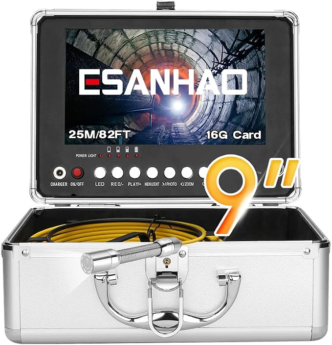 17MM Sewer Camera, Pipe Inspection Camera with 16GB TF Card, 9" Monitor, AHD 720P, 25M/82ft, Silver, Waterproof