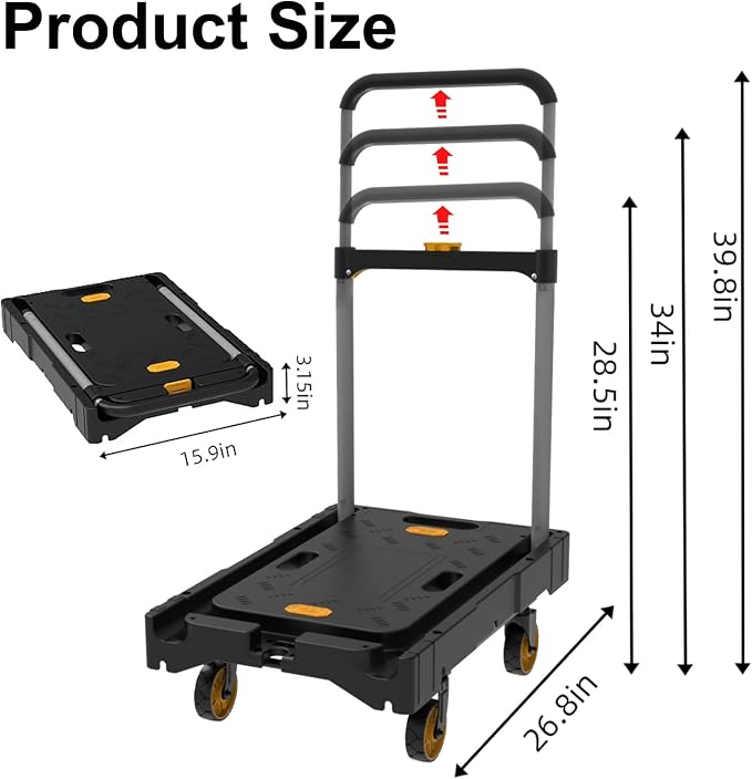 Folding Platform Hand Truck Push Cart Foldable Dolly Cart Portable Trolley 300lb Heavy Load Capacity, Adjustable Handle with Swivel Wheels for Garage Garden Home Office Travel Shopping Use
