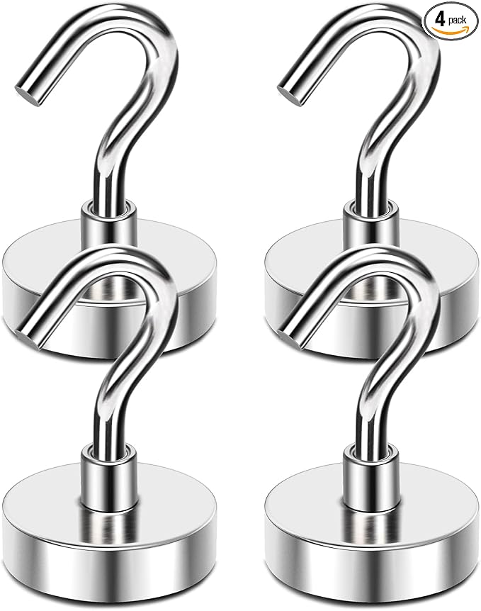 MIKEDE Magnetic Hooks 30Lbs+ Strong Magnetic Hooks for Cruise Cabins | Super Heavy Duty Hanging Hooks Neodymium Magnets with Hook for Fridge Grill Toolbox Storage Pack of 4