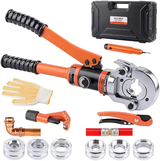 HZLZRZ Pro Press Copper and F877 PEX Crimper Tool Kit with 6 Dies for Copper Pipe 1/2" 3/4" 1" and PEX Press Sleeves 1/2" 3/4" 1", Professional Dual-System Crimping Tool for Plumbing (YQK/1632A)