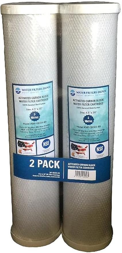 WFD, WF-CB205-BB 4.5"x20" Activated Carbon Block Water Filter Cartridge, Fits in 20" Big Blue (BB) Filter Housings (2 Pack, 5 Micron)