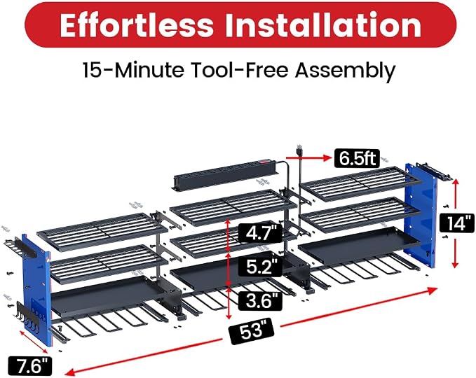 53" Power Tool Organizer Wall Mount with Power Strip,Blue Heavy Duty Metal Tool Shelf, 400lbs Capacity for Cordless Drills, Batteries & Garage Storage (12 Slots with 8 Outlets Power Strip)