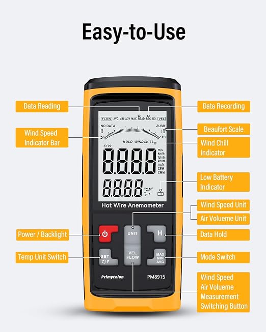 PM8915 Hot Wire Anemometer Handheld with Telescopic Probe, CFM/CMM Digital Wind Speed Meter Gauge, Air Flow Velocity Tester for Measuring HVAC, Duct Airflow, Wind Speed, Wind Chill