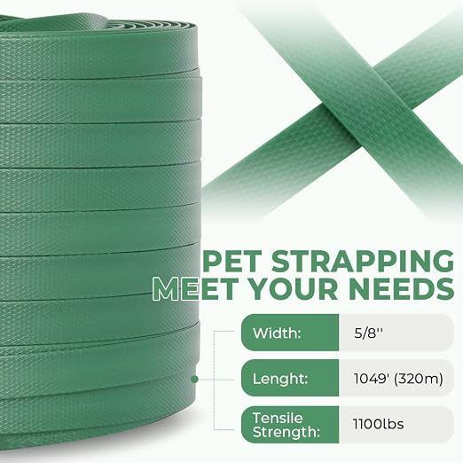 5/8" x 1049' Polyester (PET) Banding Strapping Kit, Heavy Huty | Pallet Packaging Kit, 1100lbs Strapping Tool, Tensioner Crimper Sealer Tool with 100 Metal Seals, 100 Protector Corners