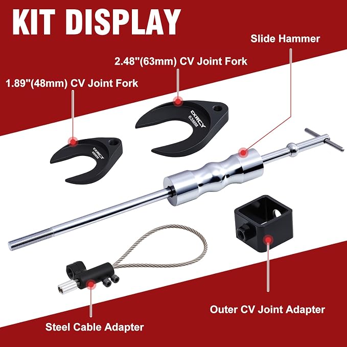 CXRCY Inner CV Axle Puller with 63mm 48mm CV Joint Fork and Outer CV Joint Adapter Steel Cable Adapter，CV axle Removal Tool with 5/8"-18 Slide Hammer