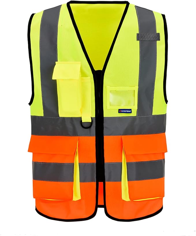 A-SAFETY Hi-Vis Safety Vest with 7 Pockets, Zipper, Yellow/Orange, 6XL-8XL | Yellow/Orange 6XL-8XL work vest with transparent ID pocket, radio mic loop and reflective strips for railway operations.