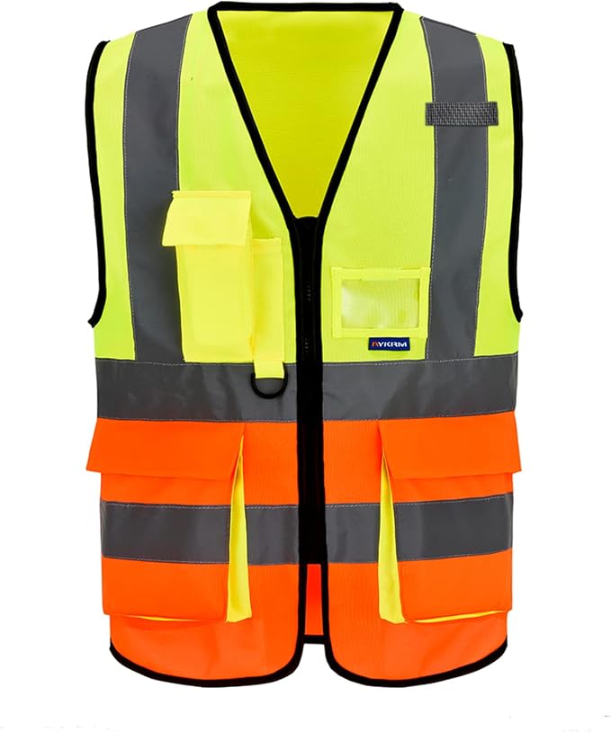 A-SAFETY Hi-Vis Reflective Vest with 7 Pockets, Zipper, Yellow/Orange, 3XL | Yellow/Orange 3XL safety vest with 7 pockets, black front zipper and reflective strips for road work; for men and women.