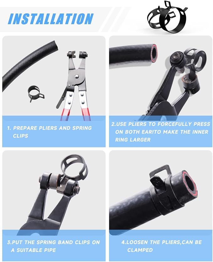 100Pcs Spring Band Hose Clamps Assortment 6-25mm with Swivel Flat Hose Clamp Plier – Carbon Steel Constant Tension Clamps for Auto, Fuel Line, Plumbing & DIY