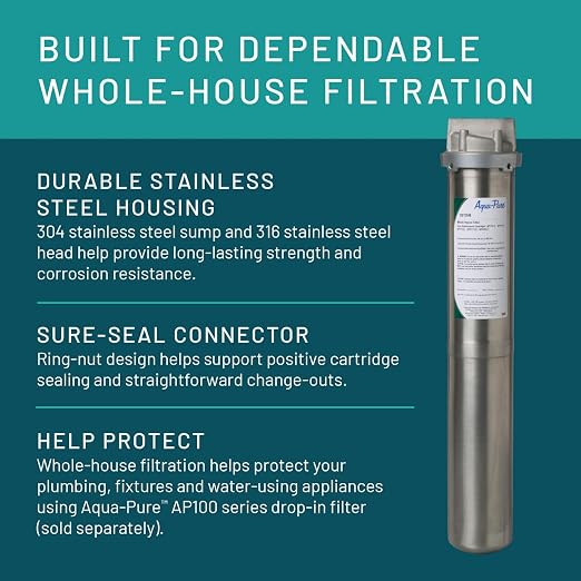 3M Aqua-Pure Stainless Steel Water Filter Housing SST2HB, Uses 2-High Standard Drop-in Water Filter Cartridges, Heavy Duty Construction, Built to Last