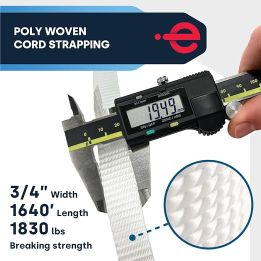 ESK Packaging® Woven Poly Cord Strapping - 3/4" x 1640 Foot x 1830lbs Break Strength – Heavy Duty, Weather-Resistant Flat Rope – 1 Roll