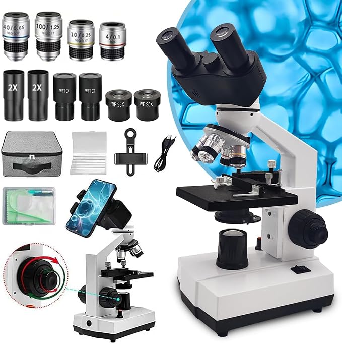Adult Student Compound Binocular Microscope - 40X-5000X High-Magnification Large-Field Professional Biological Microscope, Suitable for Schools, Laboratories, and Home Education