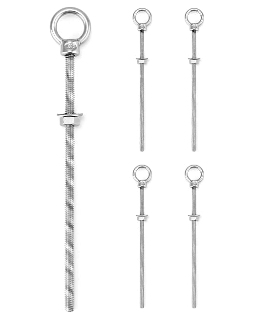 QWORK Threaded Eyebolts, 5 Pack 1/4" x 6" Long Stainless Steel Marine Grade Shoulder Eye Bolt
