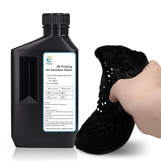 YOUSU Flexible Tough (Shore 80A) 3D Printer Resin, Soft Rubber/TPU Like 3D Printing Resin1, High Elongation 405nm Fast UV-Curing Photopolymer Resin for LCD Printer,Black 1000g