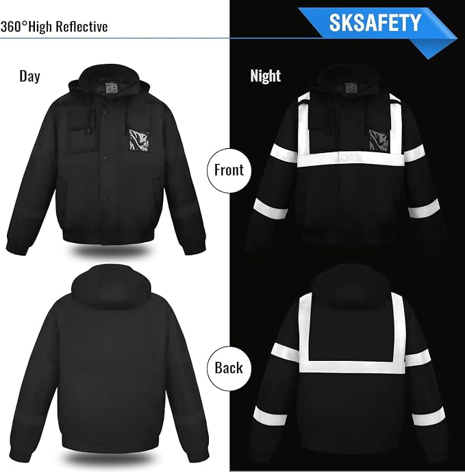 SKSAFETY High Visibility Reflective Jackets for Men, Waterproof Safety Jacket for Men with Pockets, Black Work Construction Coats for Winter Cold Weather,6XL, 1 Pack