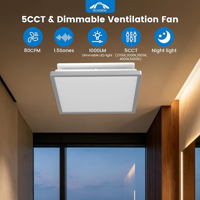 Tech Drive Modern Nickel Bathroom Fan with Light, 80CFM,1.5Sone | 1000lm Dimmable 5CCT LED Light Selectable, Quiet Ventilation fan with night light,Energy Star Certified