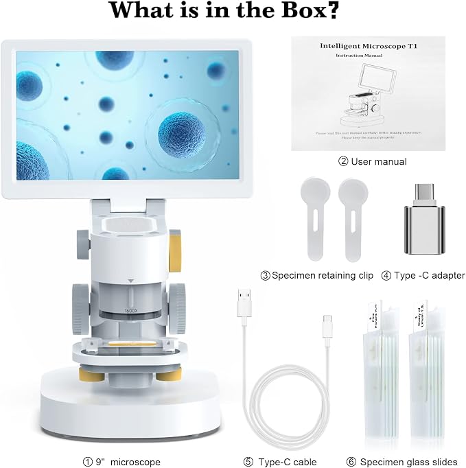 T1 Biological Digital Microscope with 9" IPS Touchscreen, 1600X Optical Objective Lenses, STEM Kids Microscope,Windows/Mac Compatible