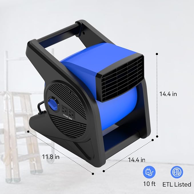 shinic 15" Utility Pivoting Blower Fan, Portable High Velocity Floor Blower with 2 120V Outlets, 3 Speeds Utility Fan Air Mover, Ideal for Work Shop Garage Gym Jobsite, Floor & Carpet Drying Use(Blue)