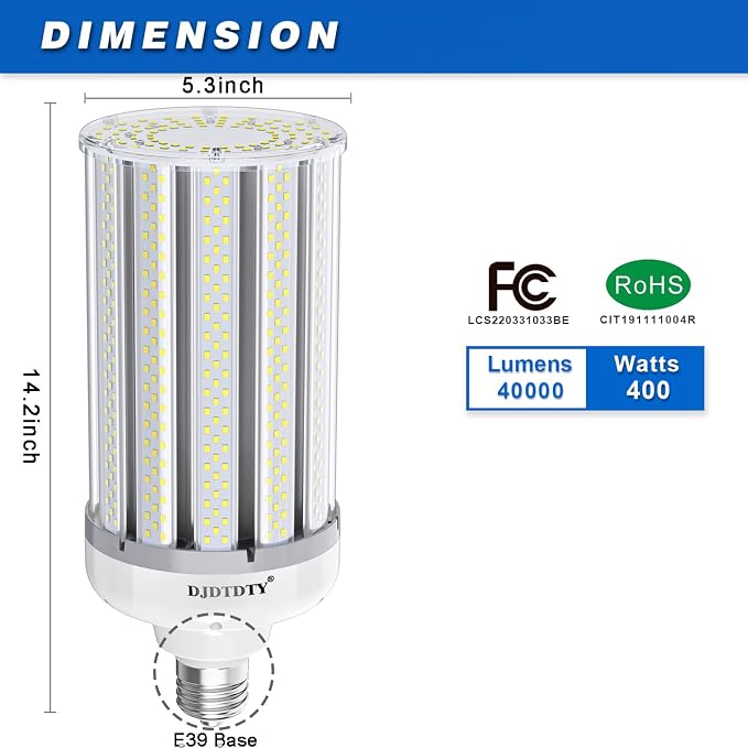 1 Pack Super Bright 400W LED Corn Light Bulbs,E39 Base,White Light 40000LM Garage Warehouse Workshop Barn (400W)