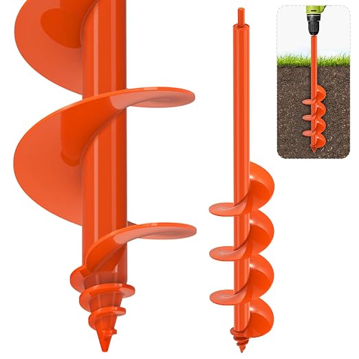 SELEWARE Auger Drill Bit for Planting 4"x24" Drill Auger for 3/8" Hex Drive | Orange Heavy-Duty Steel Garden Auger Drill Bit, Bulb Planter Tool, Auger Post Hole Digger for Bulbs, Flowers, Fence Posts