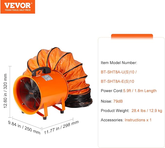 VEVOR Air Mover Blower Fan 8 Inch, 1070CFM 195W with 33ft Flexible Duct, Industrial Portable Ventilator Blower/Exhaust