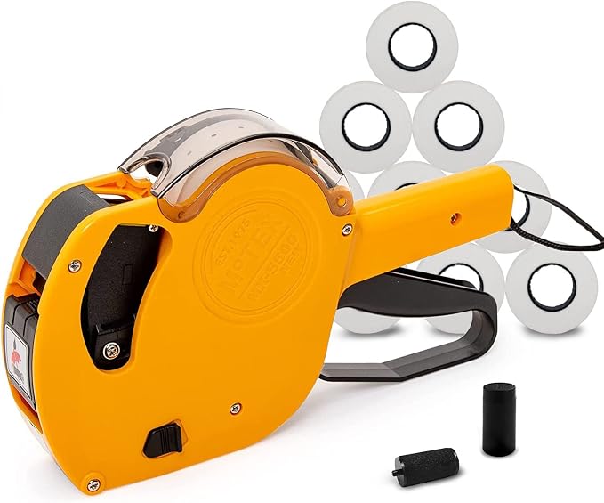 Motex Genuine MX-5500NEW 1 Line 8 Digits Price Tag Gun Kit - Includes 10,000 White Blank Labels and 1 Pre-Loaded Inker with 1 Ink Refill - for Grocery Store, Retail Shop, Garage Sale (Yellow)