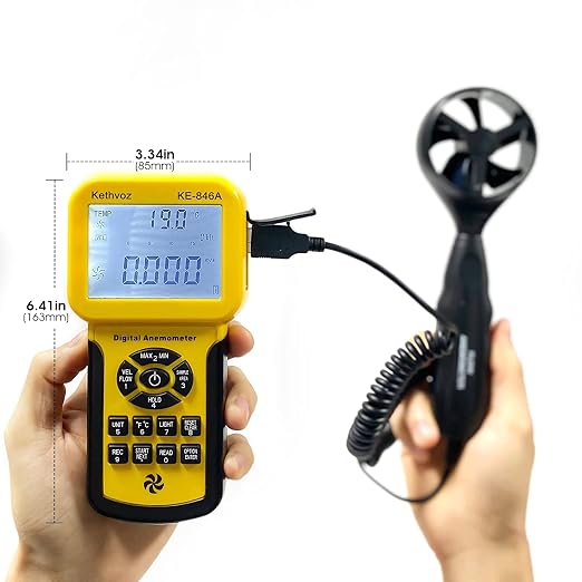 Kethvoz HVAC Anemometer CFM Wind Speed Meter, Digital Airflow Tester Measure Air Velocity Volume Temperature for AC System, Industrial Anemometro with Backlight MAX MIN AVG Data Storage KE-846A