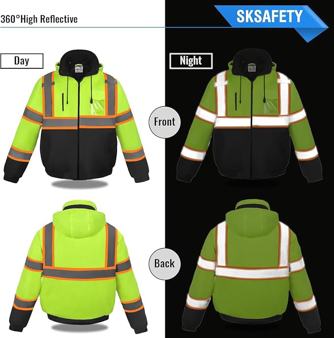 SKSAFETY High Visibility Reflective Jackets for Men, Waterproof Class 3 Safety Jacket with Pockets, Hi Vis Yellow Coats with Black Bottom, Mens Work Construction Coats for Cold Weather, XL,Yellow