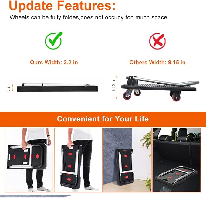 Folding Hand Truck Platform Truck 330 Lb Heavy Duty Dolly Cart | Fully Folded Push Cart, Portable Trolley Utility Cart for Easy Storage, Garage Moving Shopping Home Office