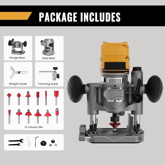 Compact Router Plunge/Fixed Base Kit (Tool Only), Compatible with Dewalt 20V 60V MAX Battery, Cordless, Brushless, Variable Speed, Wood Plam Router Tool For Woodworking, 12 PCS 1/4"Router Bits
