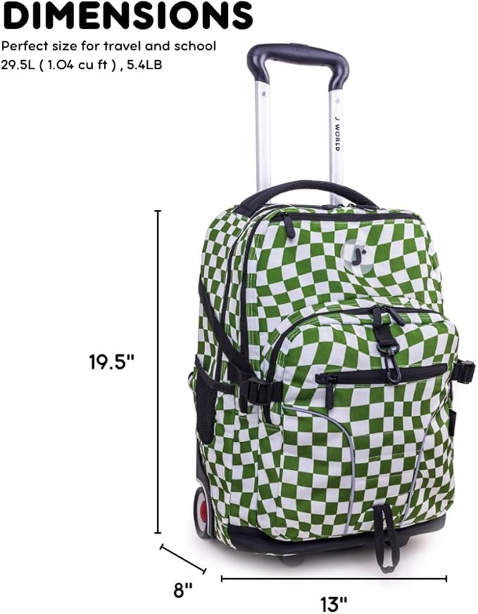 J World Lunar Rolling Backpack. Laptop Bag With Wheels. Wheeled Carry-On Travel Luggage, Matcha Checkers, 19.5 x 13 x 8 Inches