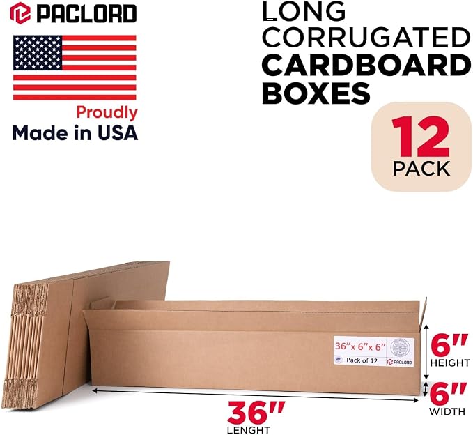 Long Cardboard Boxes 36"L x 6"W x 6"H (Pack of 12) - USA-Made Packing Boxes for Moving, Shipping, or Storage - USPS, UPS, FedEx Approved - Professional Packing Supplies for Moving | USA-Made Packing Boxes for Moving, Shipping, or Storage - USPS, UPS, F...