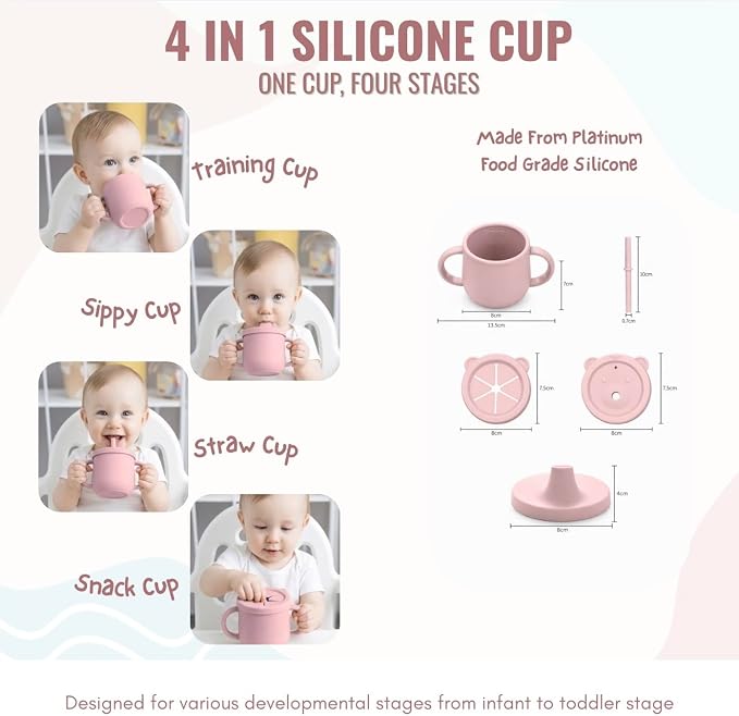 MONDE 25PCS Ultimate Silicone Baby Feeding Set, Complete Mealtime Baby-Led Weaning Essentials From Infant To Toddler, Bib, Smock, Sippy Cup, Dry Wet Bag, Placemat, Perfect Premium Gift Set (Pink)