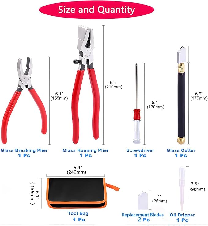 Tayfeim Glass Cutters Tools Set Glass Cutting Tool kit Glass Cutter Glass Running Pliers Breaker Grozer Pliers Stained Glass Tools with Curved Jaws Zipper Package