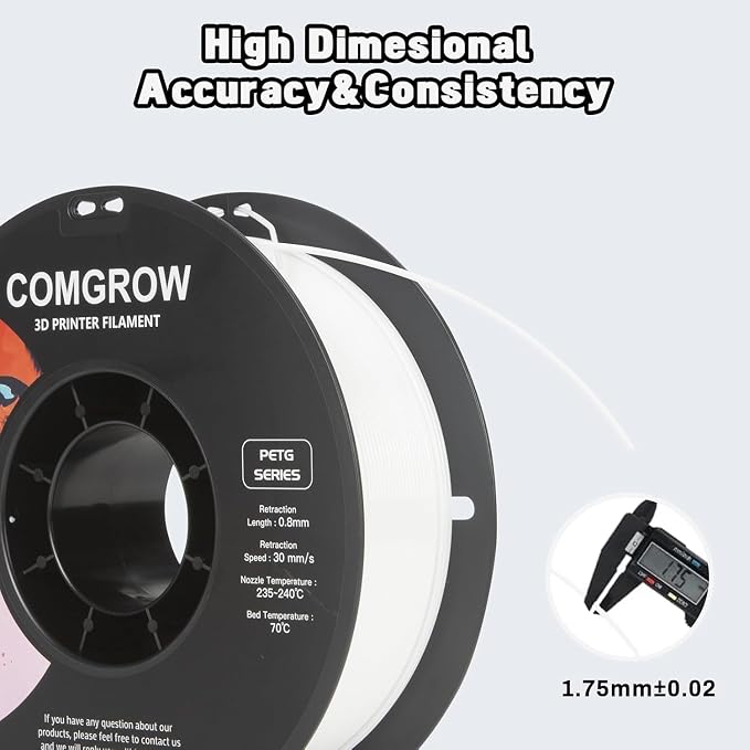 Comgrow PETG 3D Printer Filament 1.75mm, High Precision and Tough 3D Printer Filament (2LBS), Dimensional Accuracy +/- 0.02 mm, Fit Most 3D Printers White