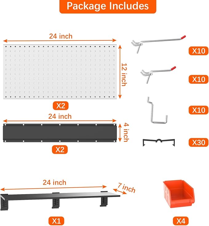 TORACK Metal Pegboard with Accessoreis for Garage Wall, Tool Organizer Pegboard with Hooks, Wall Mounted Bins/Shelf, Tool Storage Peg Board for Wall(Grey)