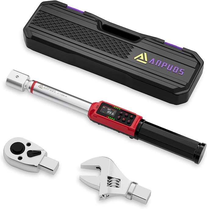 ANPUDS Adjustable Digital Torque Wrench, 1.5-99.6 Ft.lb, ±1% Accuracy | 2-135Nm, 45mm Jaw & 1/2" Ratchet, 14×18mm Open End, Vibration, Buzzer, LED Indicator for HVAC, Split AC, Motorcycle, Plumbing