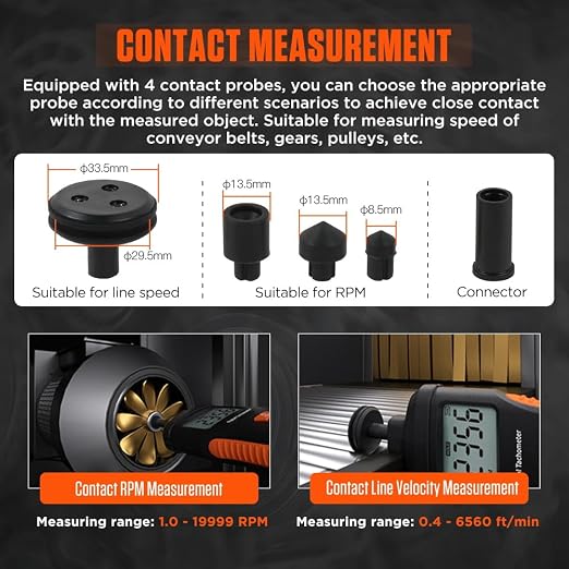 Tachometer Contact & Non-contact Digital Tachometer 4 Test Mode Laser Photo Tachometer 1.0～99999RPM High Accuracy RPM Tachometer with 4 Contact Probes, Backlit Display, Data Memory/Hold,Auto Power Off