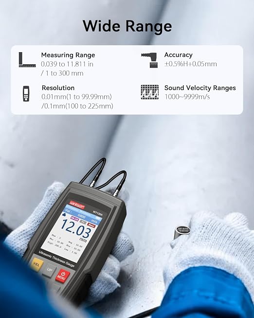 Wintact Digital Ultrasonic Thickness Gauge, Range 0.039 to 11.81 in with Probe for Measuring Metal and Nonmetal Materials, Steel, Cylinder Wall, Plastic, Glass, PVC, Pipes