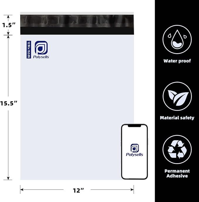POLYSELLS 1000 pcs 12x15.5 Inches White Poly Mailers Shipping Envelopes, Strong Adhesive Sealing, Waterproof, and Tear-resistant Postal Mailing Bags for Clothing, Books, and Accessories