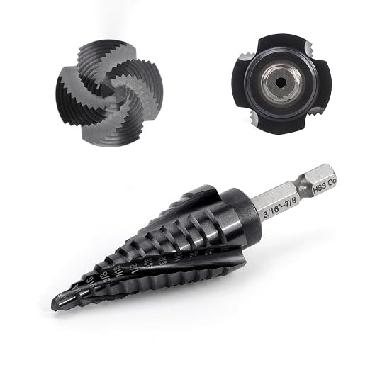 COMOWARE M35 Cobalt Step Drill Bit, 4 Spiral Flute, Step bit with 3/8" Hex Shank, 12 Sizes (3/16" to 7/8"), Steps bits for Metal, Stainless Steel, Aluminum/Wood/Plastic, Unibit for Electricians & DIY
