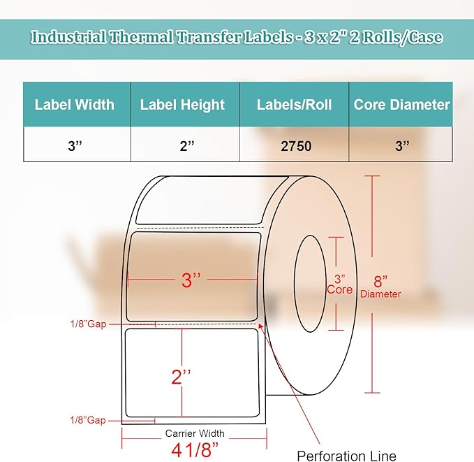 Industrial Thermal Transfer Labels 3x2 for Barcode Shipping, Ribbon Required, 3 Inch Core, 2 Rolls/Case 2750 per Roll, Perforated, Compatible with Thermal Transfer Printers
