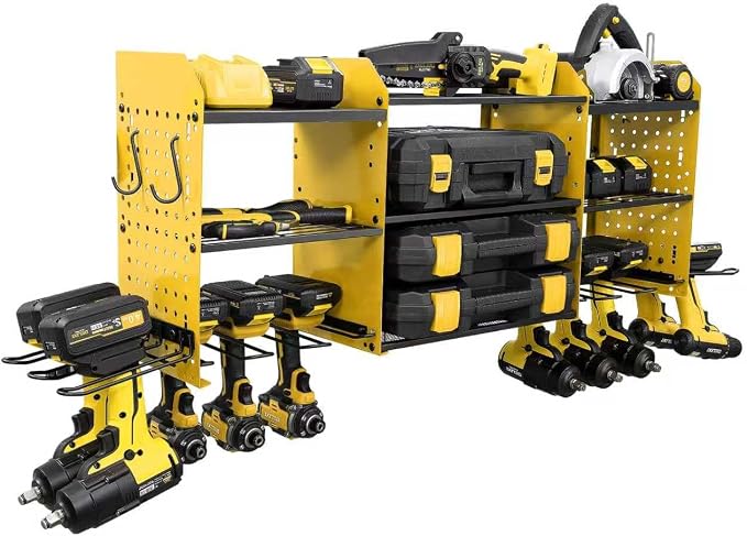 Large Power Tool Organizer Wall Mount with Charging Station, Heavy Duty Cordless Drill Holder, Garage Tool Storage Battery Rack with 8 Outlet, Gift for Men Husband Dad Birthday Anniversary Yellow