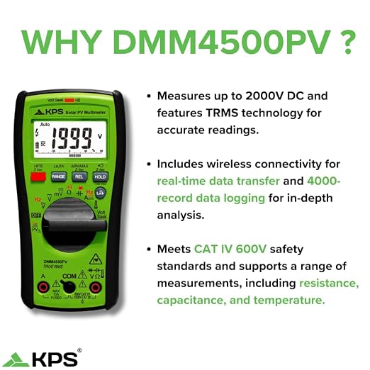 KPS DMM4500PV TRMS Multimeter – 1500V DC Rated for Solar Applications | High Voltage Tester for Solar and Utility Technicians