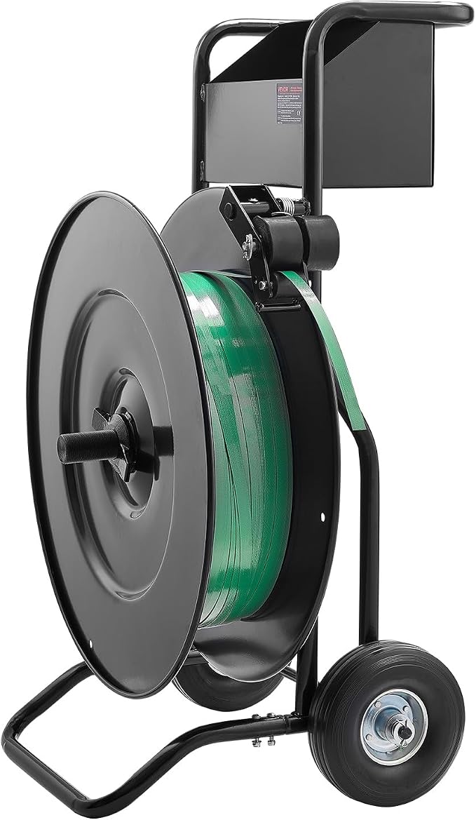 VEVOR Banding Strapping Cart, for PET/PP Coils with 8" or 16" Core, Heavy Duty Strapping Dispenser with Upgrade Drum Brake System, Rubber Wheels and Built-in Spacious Tool Tray, 110 lbs Capacity