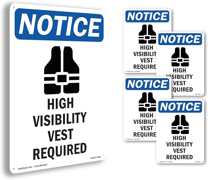 High Visibility Vest OSHA Notice Aluminum Sign 14 Inch x 10 Inch - 5 Pack