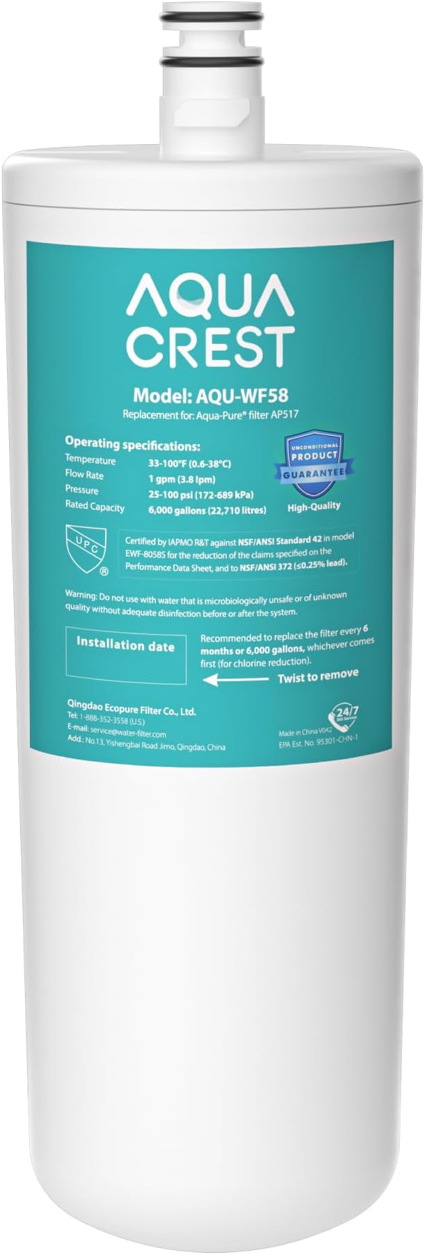 AQUA CREST AP517 Under Sink Water Filter, Replacement for Aqua-Pure® AP517, AP51711, AP510, AP517EA, NSF/ANSI 42 Certified, 6000 Gallons Extended Lifespan, More Pure Enjoyment, 1 Pack